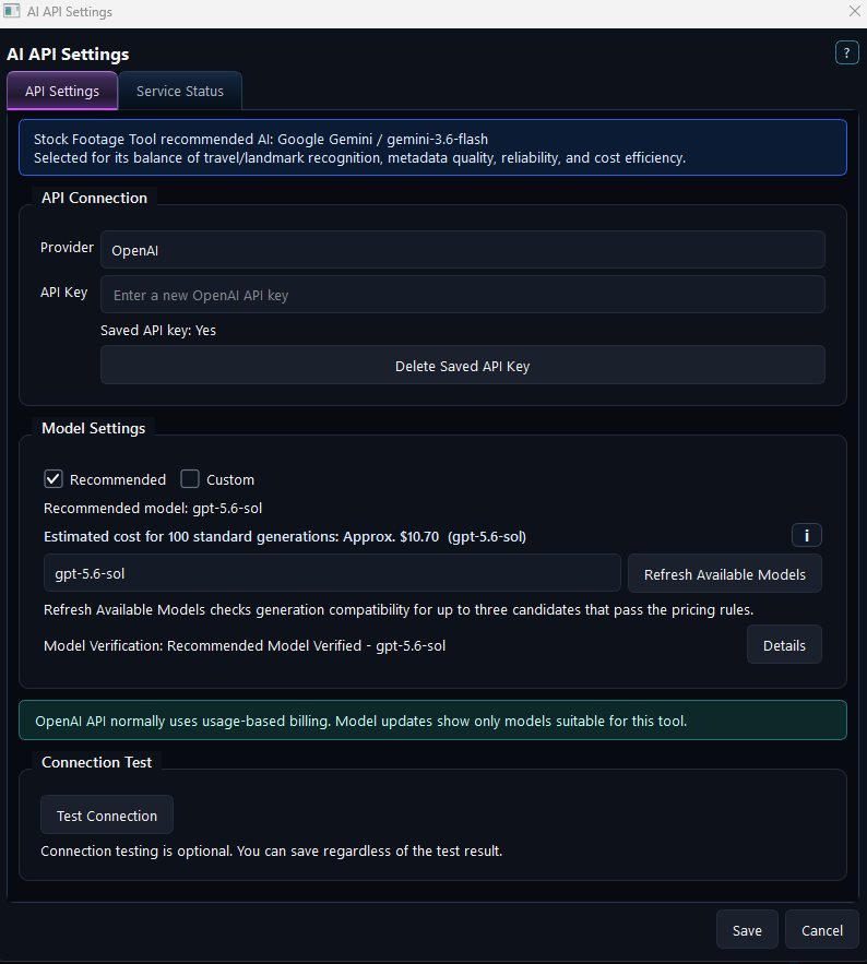 AI API settings screen for providers such as OpenAI, Google Gemini, and Anthropic Claude