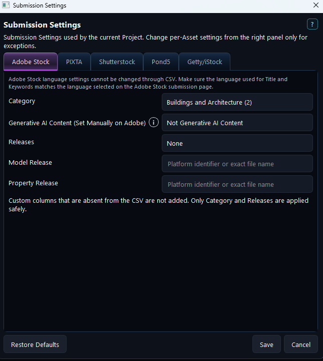 Project submission settings screen