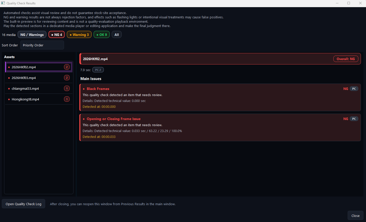 Stock Footage Tool quality check results